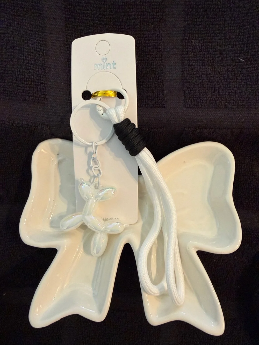 Mint White Balloon Dog Keychain Lanyard with Gold Ring